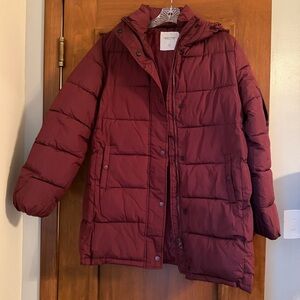 Green Coast Burgundy Long Multi Pocket Puffer Jacket